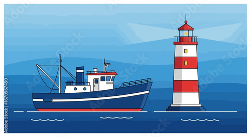 Stylized maritime scene featuring a fishing boat and a lighthouse in calm waters