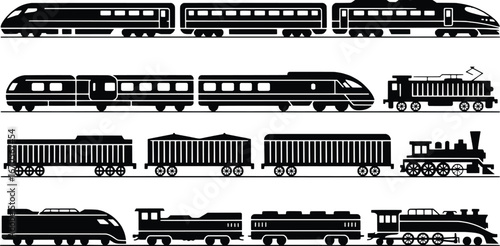 Collection of black silhouette train illustrations on white background