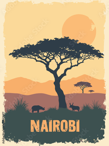 Nairobi, Kenya – Acacia silhouette sign with safari-textured panels and savanna grass planters, warm dusk wash; palette: acacia gold, savanna tan, olive, dusk mauve