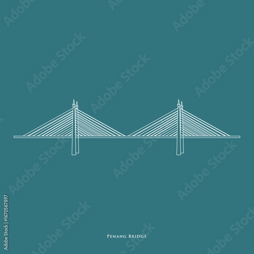 Line art vector of Penang Bridge, an iconic bridge connects Penang Island to Penang Mainland