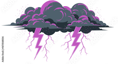 Stylized vector illustration featuring storm clouds and lightning with vibrant colors conveying weather phenomena