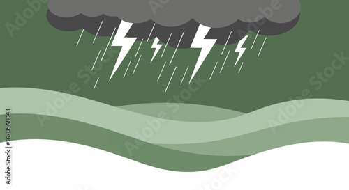 Stylized vector illustration featuring a storm cloud raining lightning over landscape