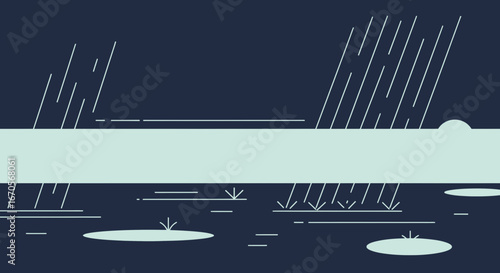 Stylized vector illustration featuring falling rain over calm water and minimalist design providing calming and contemplative feeling