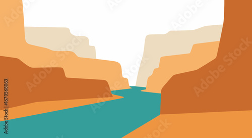 Stylized vector illustration featuring a picturesque canyon landscape with a flowing river running through it