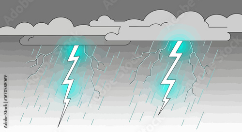 Stylized vector illustration depicting a thunderstorm with lightning and rain for weather concepts