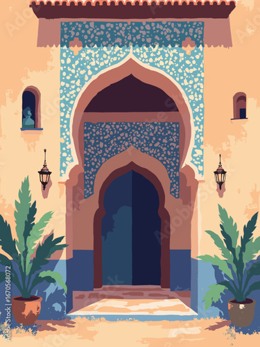 Marrakech, Morocco – Riads mosaic arch with brass lantern niches and desert plaster finish, palm shadow; palette: terracotta, saffron, cobalt, sand