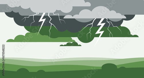 Stylized Thunderstorm Landscape Featuring Lightning Strikes in Green Meadow