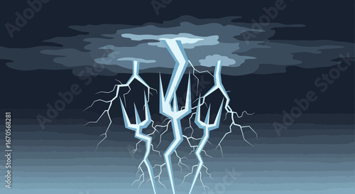 Stylized Thunderbolts Forming Poseidon Trident Shape Over Dark Sky Background