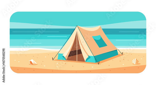 Stylized Tent On Sandy Beach By Turquoise Sea Vacation Getaway