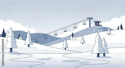 Stylized Snowy Winter Landscape with Ski Lift and Coniferous Trees Scene