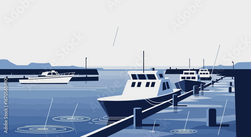 Stylized Seaside Marina View With Fishing Vessels And Rainy Day Reflections