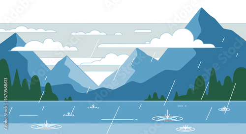 Stylized rainy mountain landscape illustration with lake clouds and forest showcasing a serene and peaceful scene