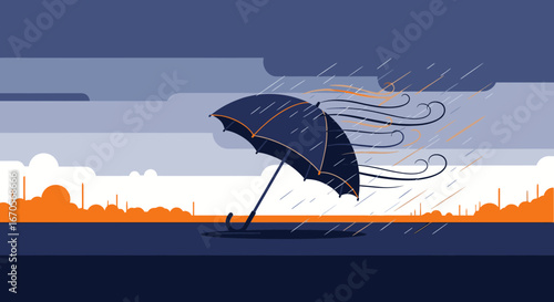 Stylized Rainy Day Scene With Umbrella Against A Strong Wind Illustration