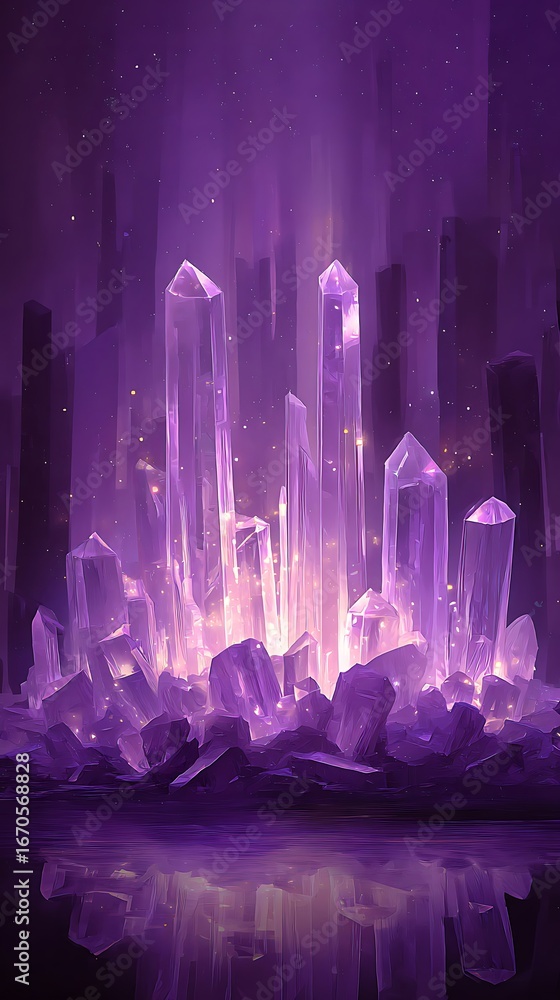 Obraz premium Purple crystalline city reflecting in a still pool.