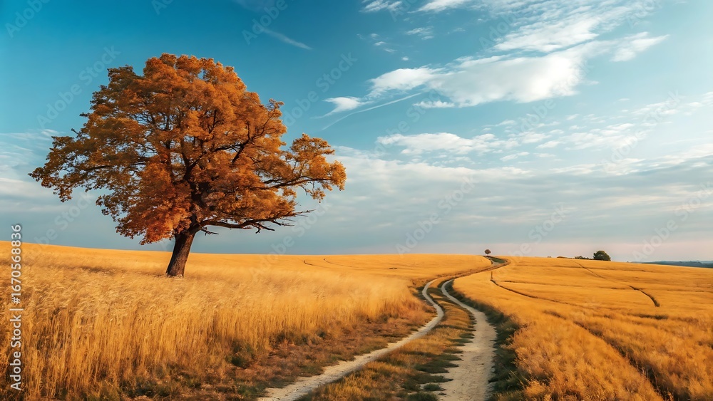 Obraz premium Autumnal Solitude A Winding Path Through Golden Fields