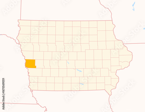 Map of the County Harrison (Iowa, US) showing the Federal State with the highlighted County