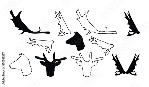 Set of vector antler silhouettes of deer