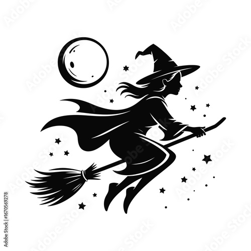 Witch Silhouette Illustration Flying on Broomstick with Moon and Stars Design