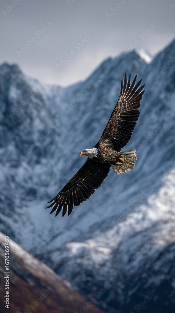 Fototapeta premium A bald eagle soars through the sky in front of snow-covered mountains.