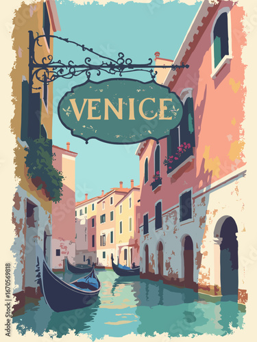 Venice, Italy – Gondola-shaped signboard suspended by ironwork with lagoon glass insets, canal-stone base; palette: lagoon teal, fresco pink, antique gold, shadow charcoal