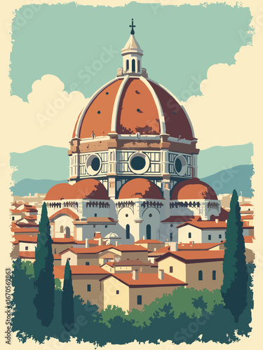 Florence, Italy – Renaissance plaque with Duomo terracotta dome silhouette and florentine fleur, bronze finish; palette: terracotta, alabaster, bronze, cypress green
