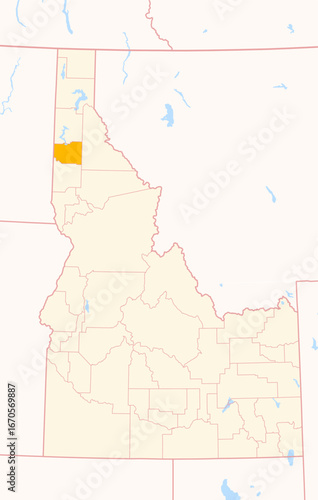 Map of the County Benewah (Idaho, US) showing the Federal State with the highlighted County