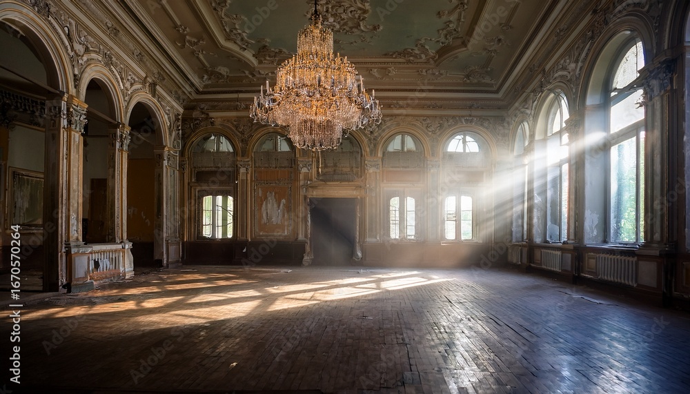 Fototapeta premium elegant abandoned ballroom with grand chandeliers smoky ambiance and streaming sunlight atmospheric and haunting beauty