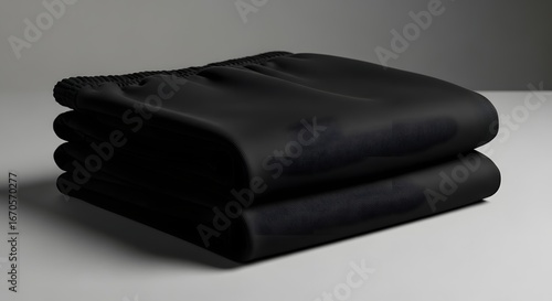 A pair of soft, dark black blankets, neatly folded and stacked in a minimalist studio setting.