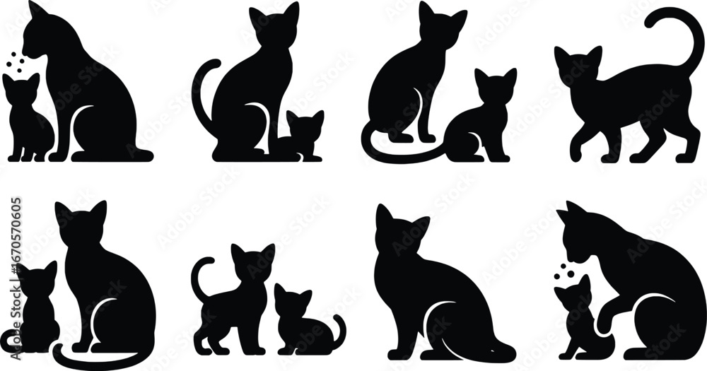 Fototapeta premium Collection of black cat silhouettes with kittens poses