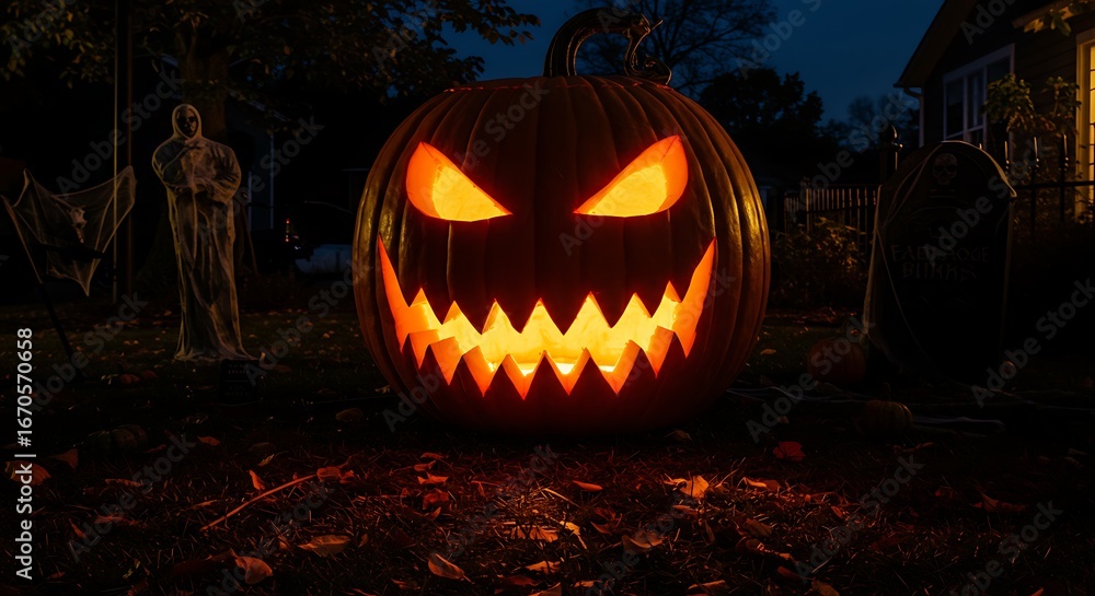 Fototapeta premium Scary Jack O Lantern Halloween Pumpkin Glowing In Dark.