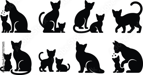 Collection of black cat silhouettes with kittens poses