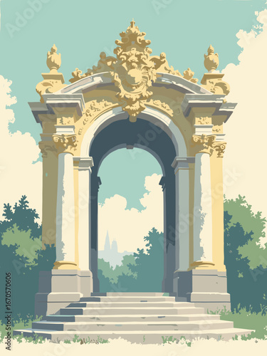 Vienna, Austria – Imperial crest portal with baroque relief and soft golden wash, marble steps; palette: imperial gold, cream, soot gray, mint