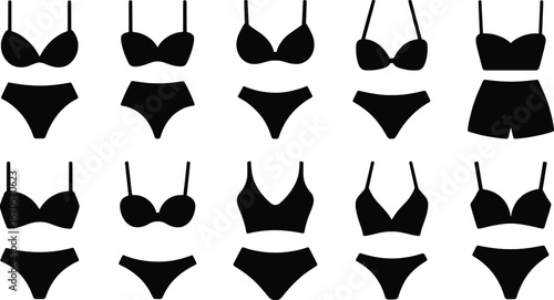 Collection of black lingerie outfits and swimwear styles