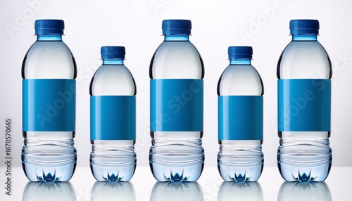 clear plastic water bottle with blue cap and label isolated on white background for product display and marketing