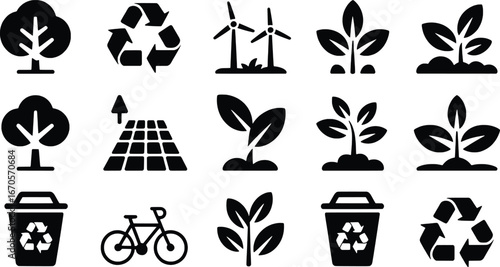 Eco friendly icons set for sustainable living and green energy