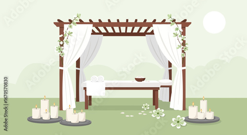 Tranquil Spa Retreat Featuring a Massage Bed, Candles, and Floral Accents