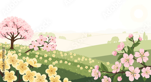 Tranquil Spring Landscape Blooming Meadow With Cherry Tree And Flowers