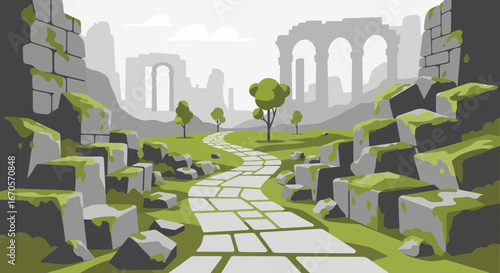 Tranquil Stone Path Through Ancient Ruins and Lush Greenery in Flat Design