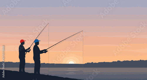 Tranquil Sunset Catch Men Angling Together Beside Calm Lake Waters Outdoors