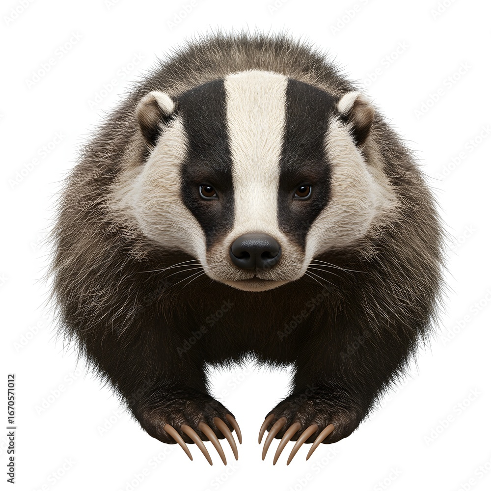 Fototapeta premium A close-up portrait of a badger, showcasing its distinctive striped face and powerful claws