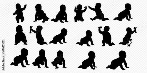 Collection of baby silhouettes in various poses: crawling, sitting, standing, and playing.