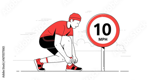 Ten Miles Per Hour Limit With Young Athlete Tying His Shoelaces Outdoor