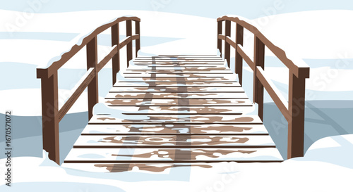 Tranquil Wooden Bridge In Winter Scenery With Snow Covered Landscape Vector Art