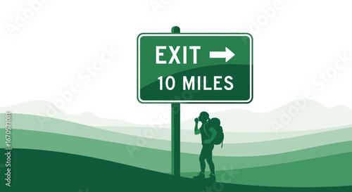 Ten Miles To Exit Strategy Illustration Of Traveler Hiking On Hillside
