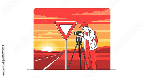 Travel Photographer Capturing Landscape During Sunrise Near Road Sign