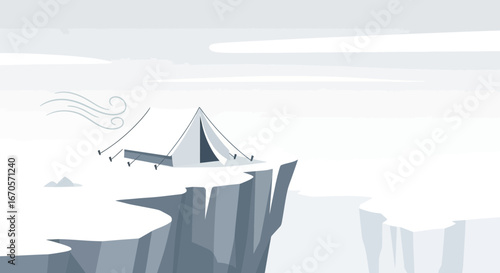 Tent On Icy Cliff Edge In Minimalist Style Great For Outdoor Adventure Projects
