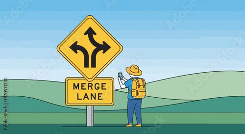 Traveler Confused About Directions Looks At Map By the Roadside Sign