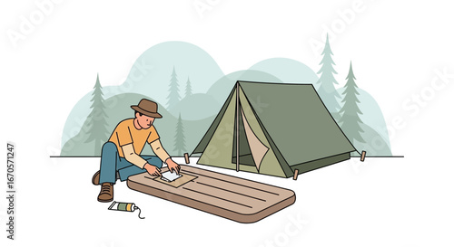 Tent Repairing At Campground Nature Backdrop Featuring A Person And Landscape