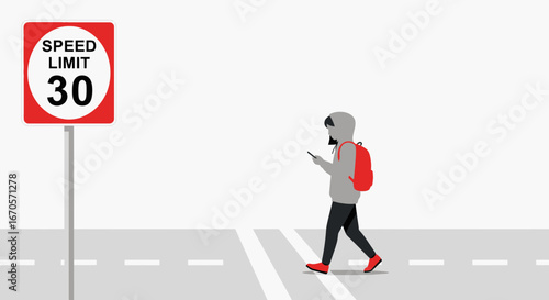 Texting While Walking Ignorance Of Speed Limit Sign Minimalist Flat Design