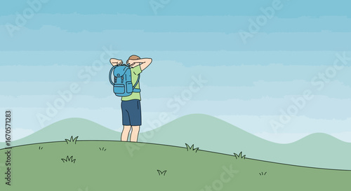 Traveler Enjoying Panoramic Views After Reaching Mountain Top Resting Relaxing